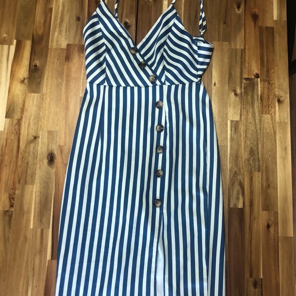 Blue and White Striped Button-Front Midi Dress tie back